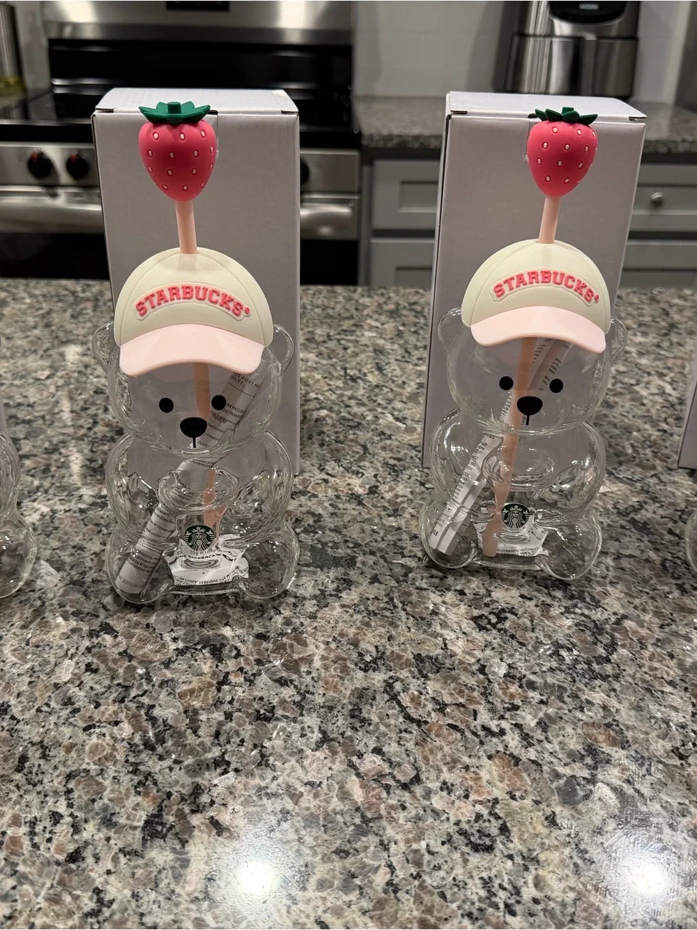 Starbucks Clear Bear Bottle with Pink Strawberry Cap and Cream Hat